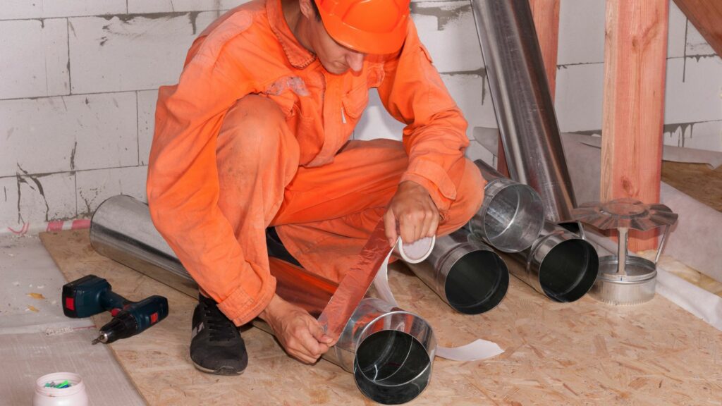 A professional performs air duct maintenance. 